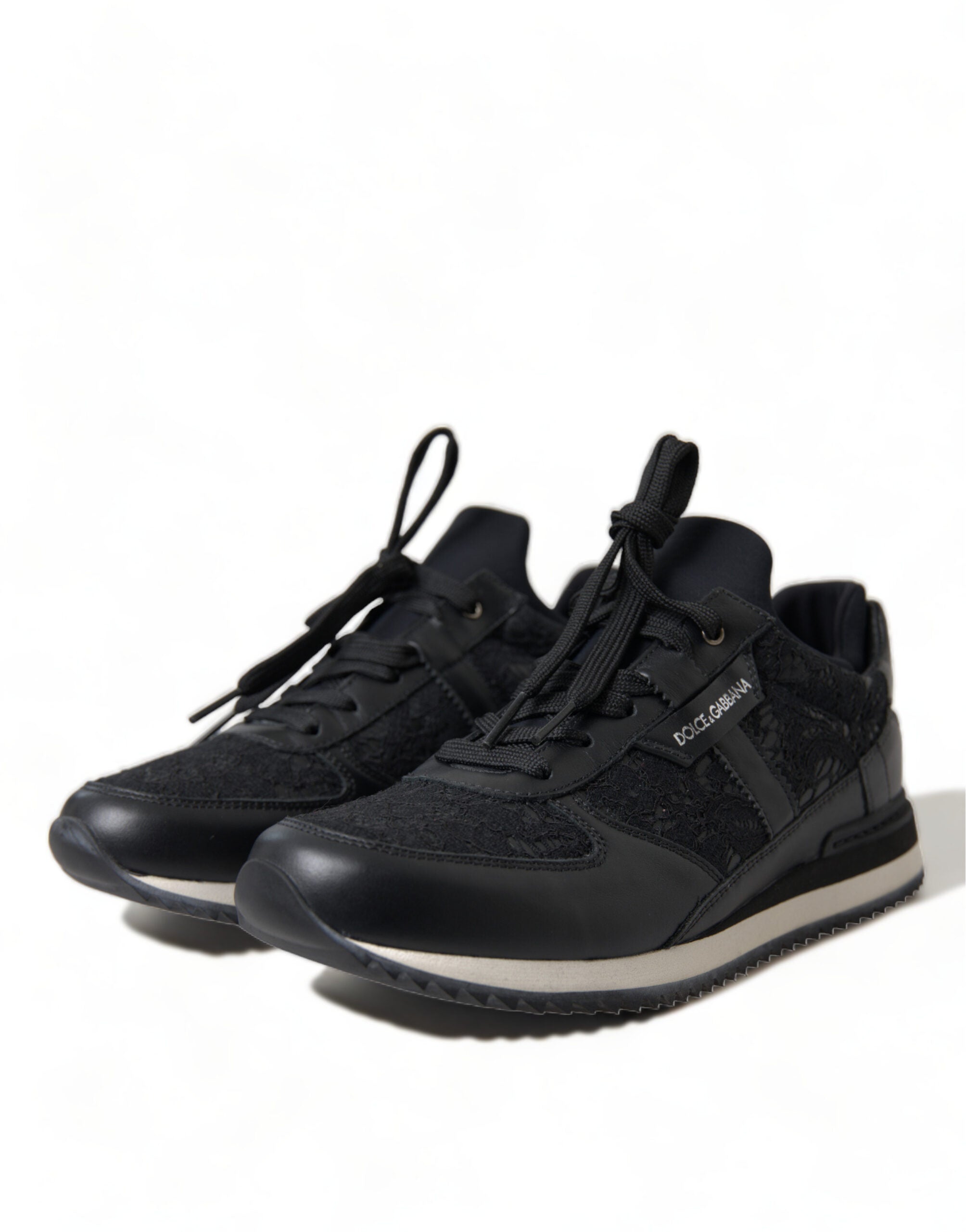 Dolce & Gabbana Black Floral Lace Leather Sneakers Women's Shoes