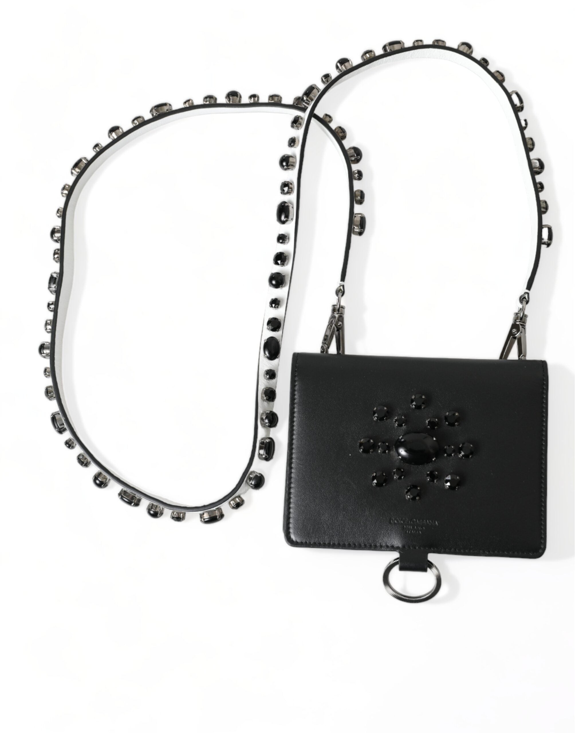 Dolce & Gabbana Black Leather Crystal Embellished Card Holder Women's Wallet
