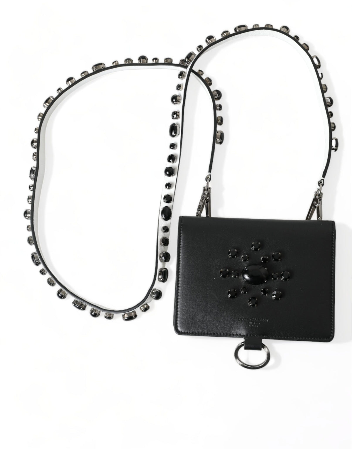 Dolce & Gabbana Black Leather Crystal Embellished Card Holder Women's Wallet