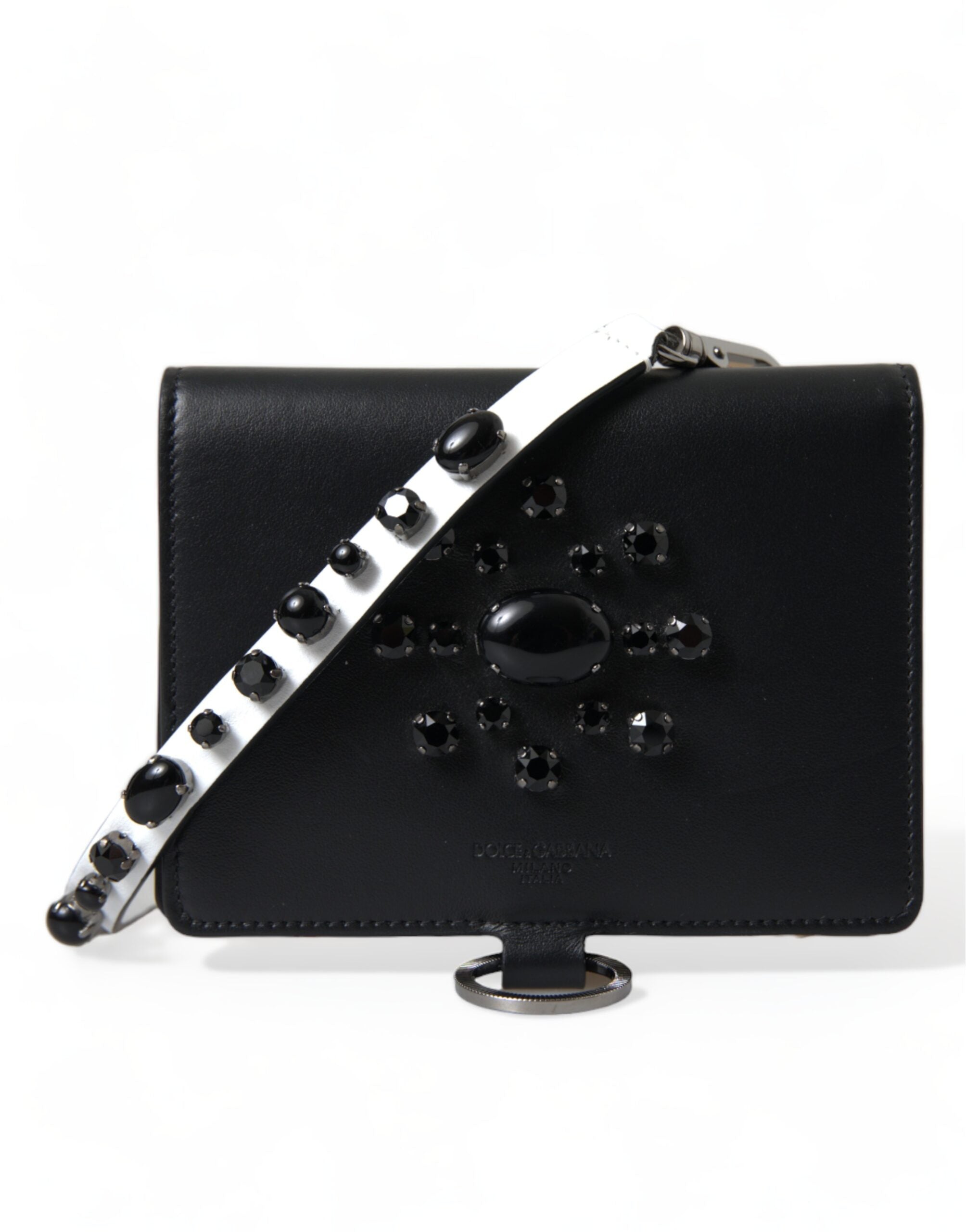 Dolce & Gabbana Black Leather Crystal Embellished Card Holder Women's Wallet