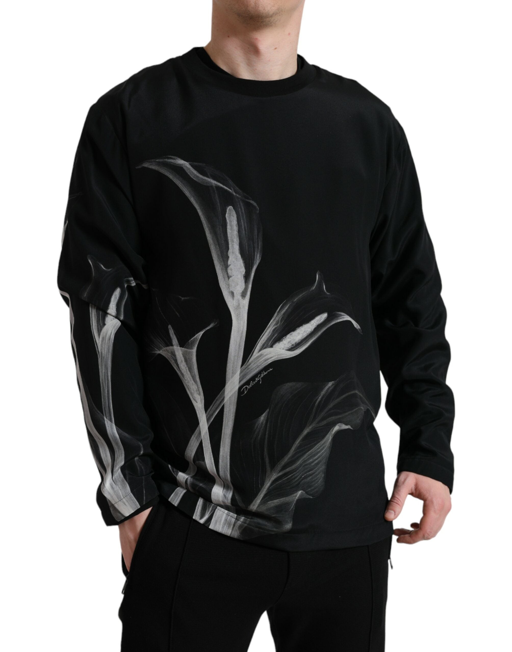 Dolce & Gabbana Black Floral Print Crewneck Pullover Men's Sweater