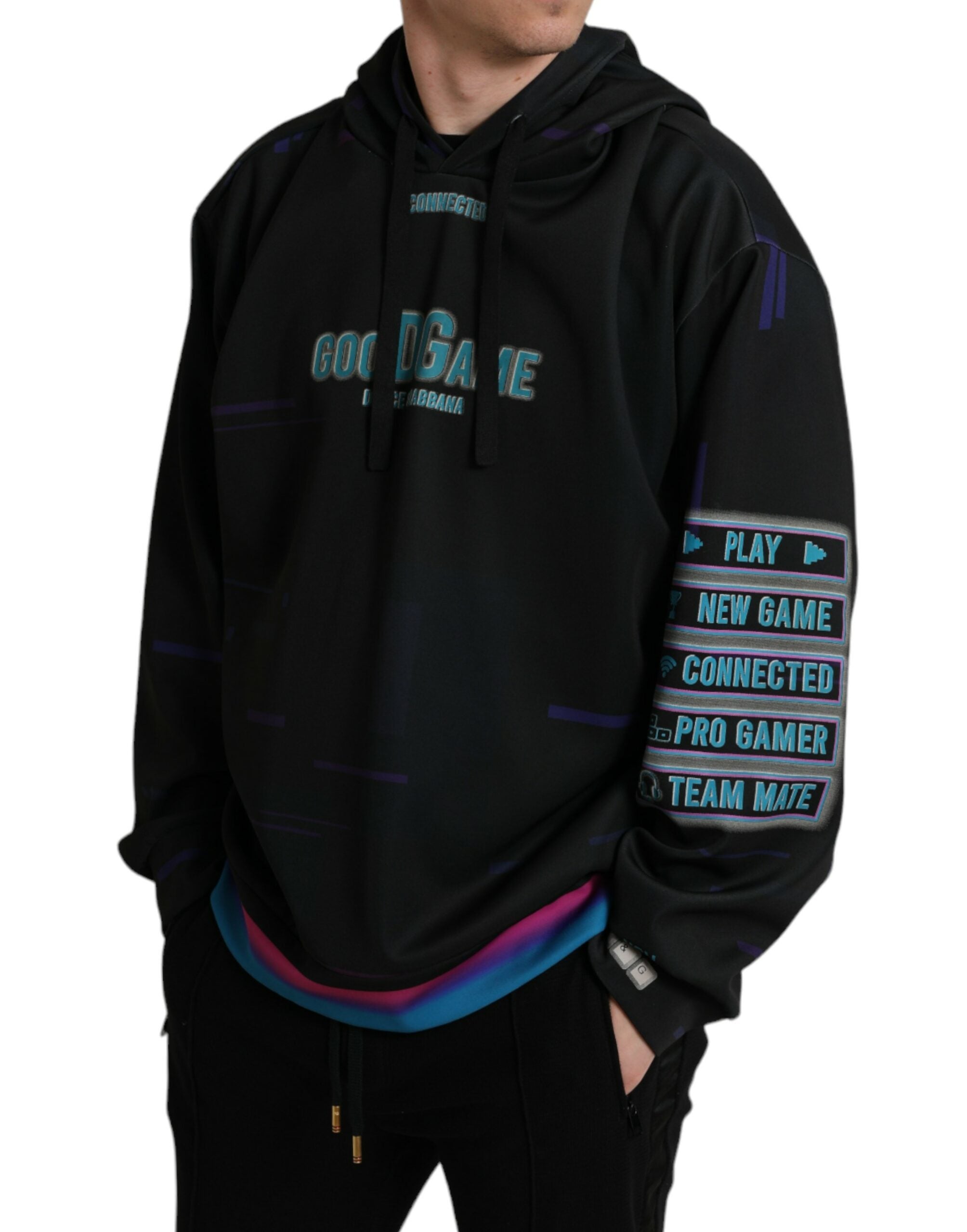 Dolce & Gabbana Black Logo Print Hooded Sweatshirt Men's Sweater