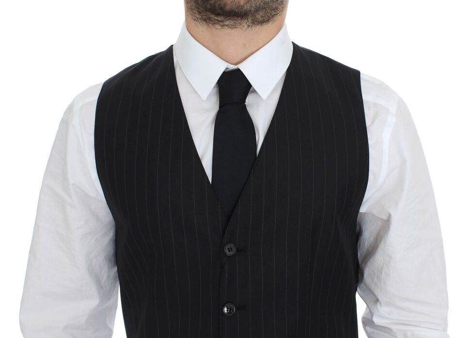 Dolce & Gabbana Black Striped Wool Silk Dress Vest Men's Gilet