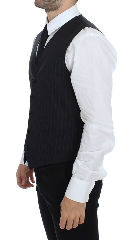 Dolce & Gabbana Black Striped Wool Silk Dress Vest Men's Gilet