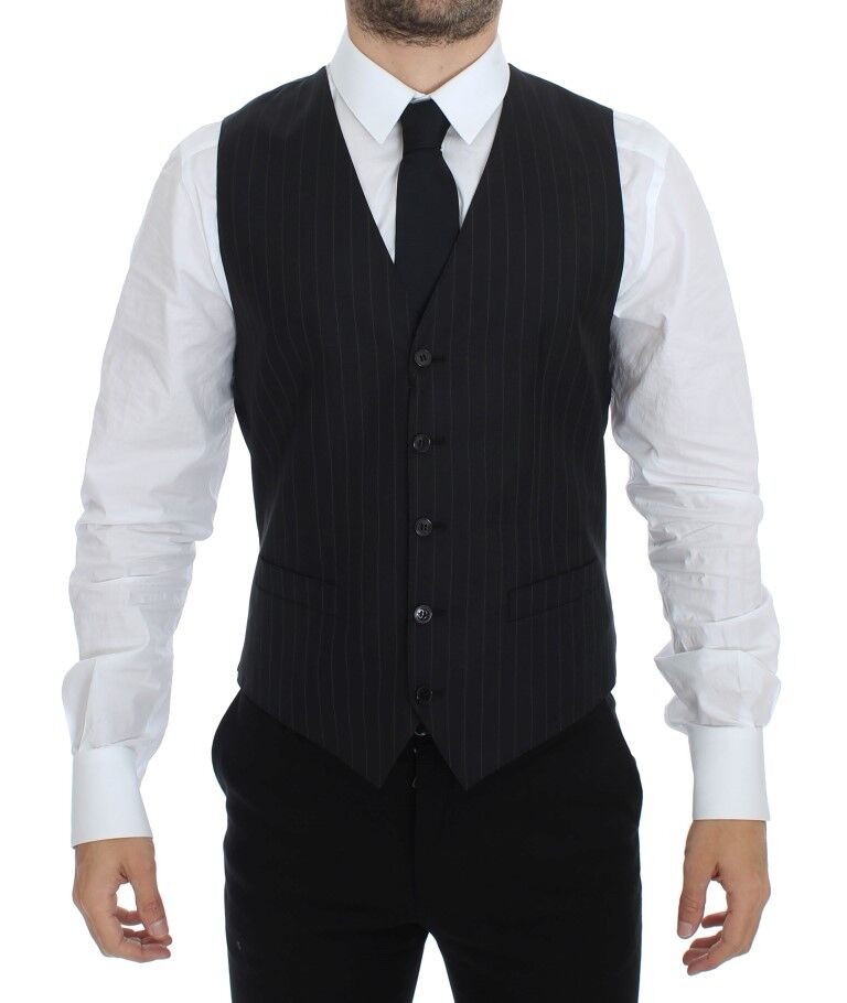 Dolce & Gabbana Black Striped Wool Silk Dress Vest Men's Gilet