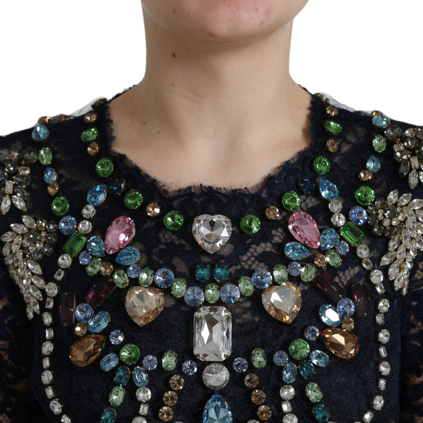 Dolce & Gabbana Blue Crystal Floral Lace Long Gown Women's Dress