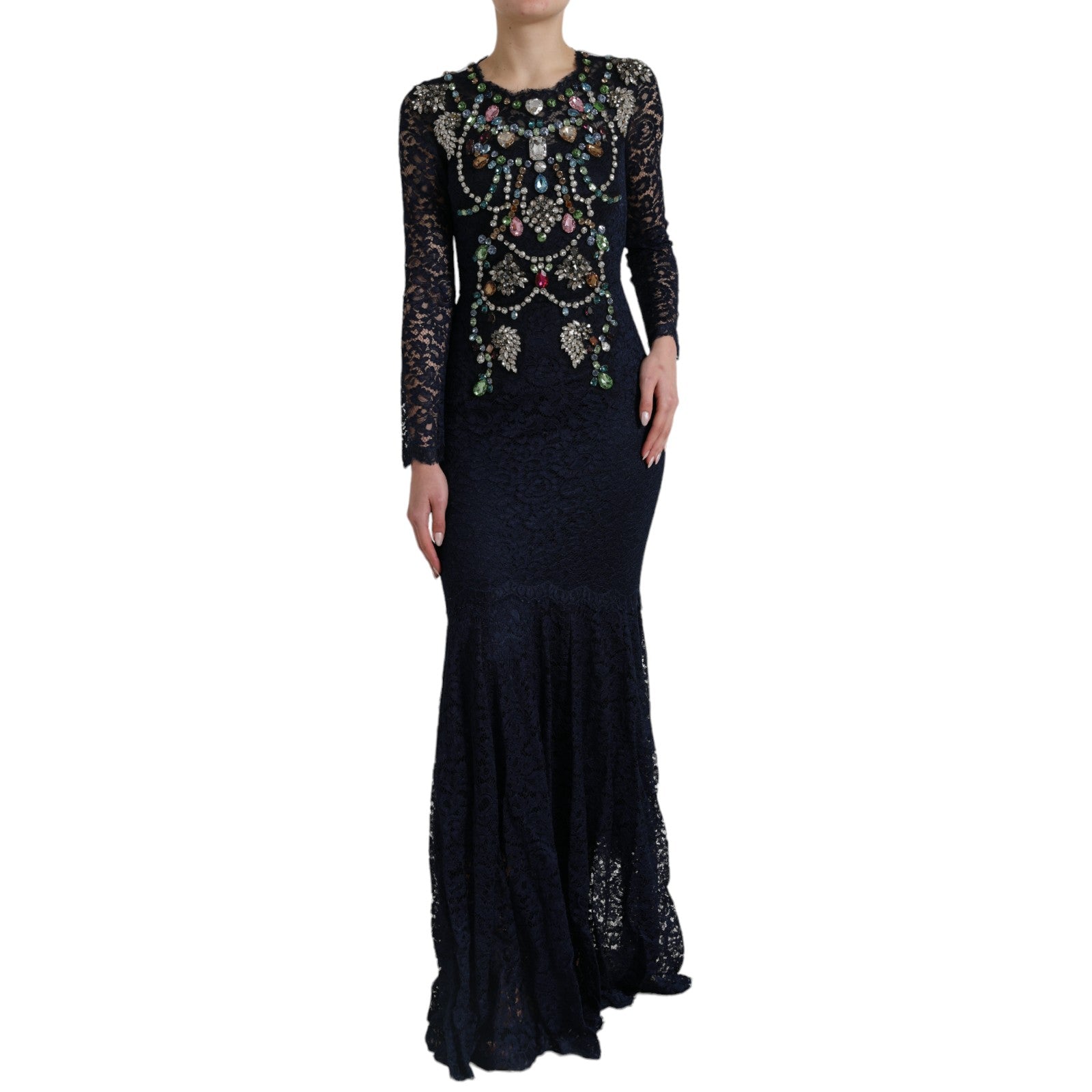 Dolce & Gabbana Blue Crystal Floral Lace Long Gown Women's Dress