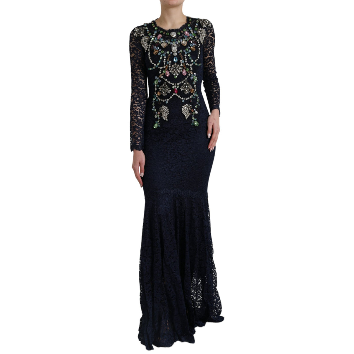 Dolce & Gabbana Blue Crystal Floral Lace Long Gown Women's Dress