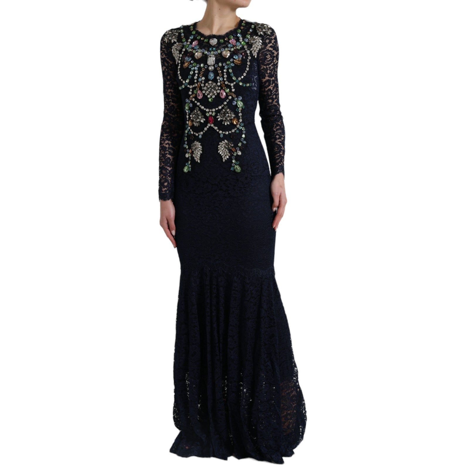 Dolce & Gabbana Blue Crystal Floral Lace Long Gown Women's Dress