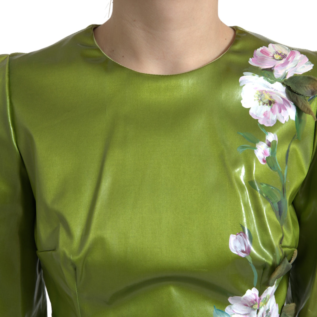 Dolce & Gabbana Green Floral Embellished Sheath Midi Women's Dress