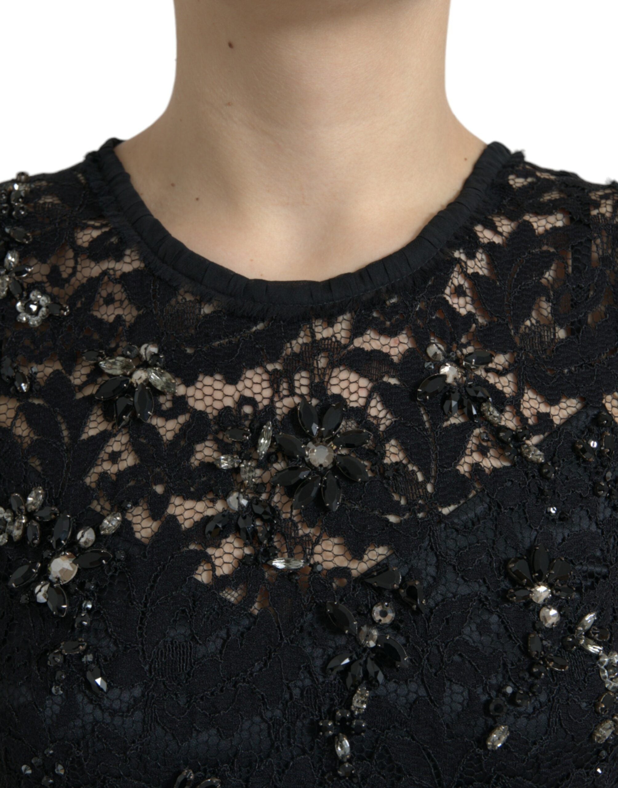 Dolce & Gabbana Black Floral Lace Crystal Sheath Women's Dress