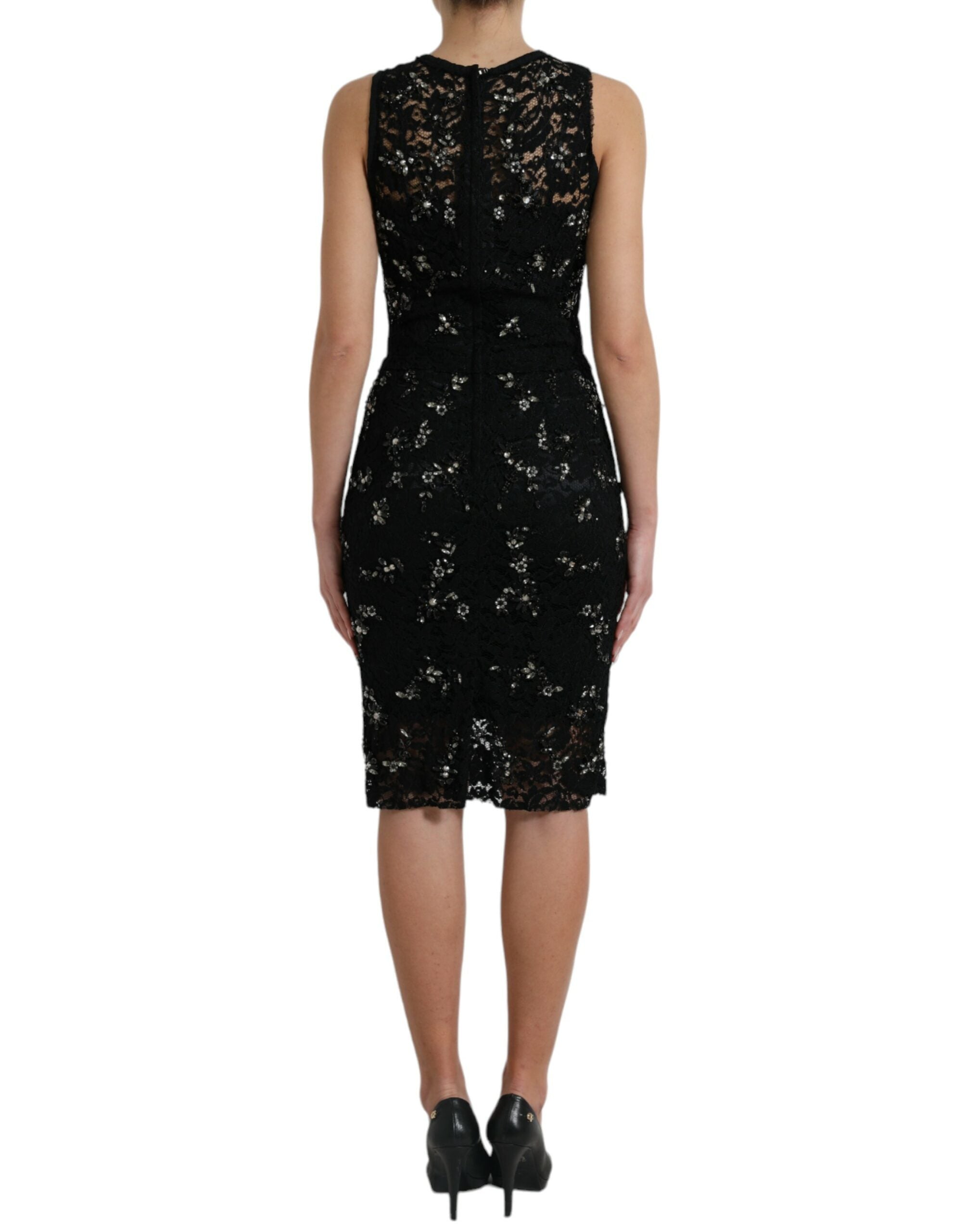 Dolce & Gabbana Black Floral Lace Crystal Sheath Women's Dress