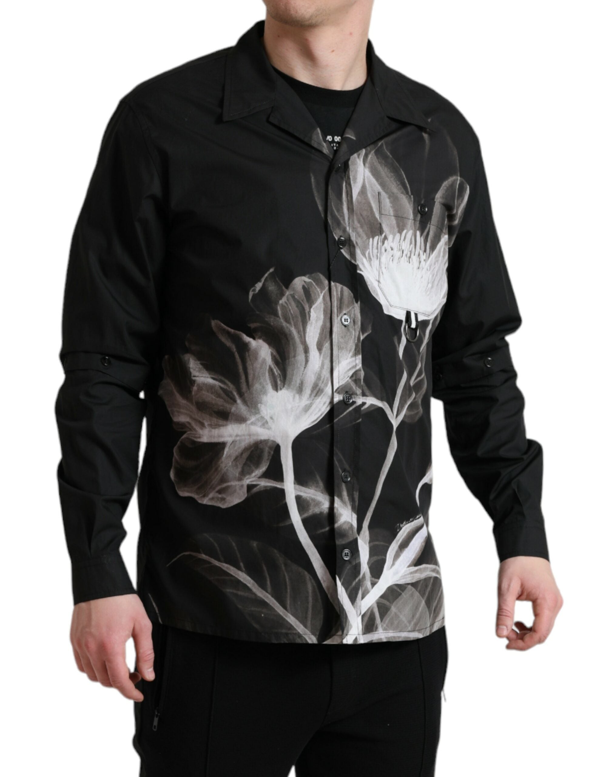 Dolce & Gabbana Black Floral Cotton Collared Long Sleeves Men Men's Shirt