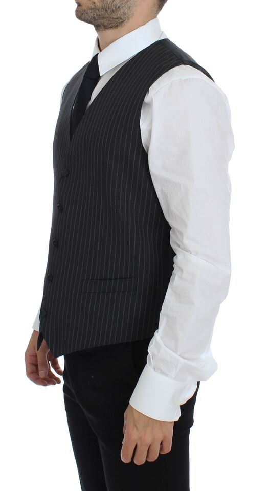 Dolce & Gabbana Gray Striped Wool Single Breasted Men's Vest