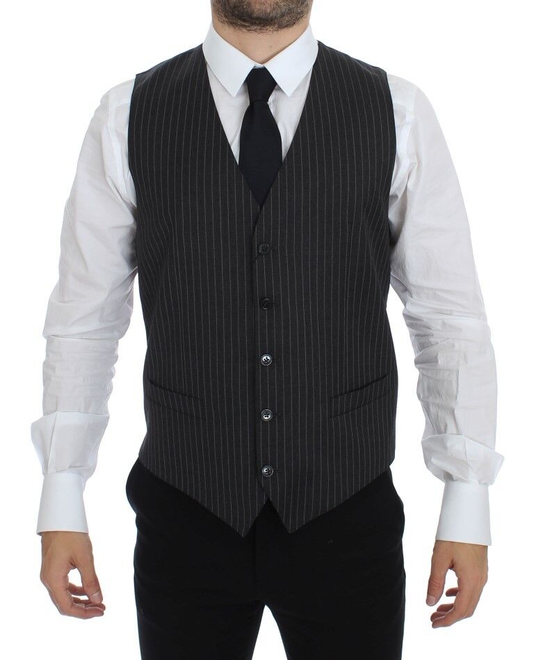 Dolce & Gabbana Gray Striped Wool Single Breasted Men's Vest