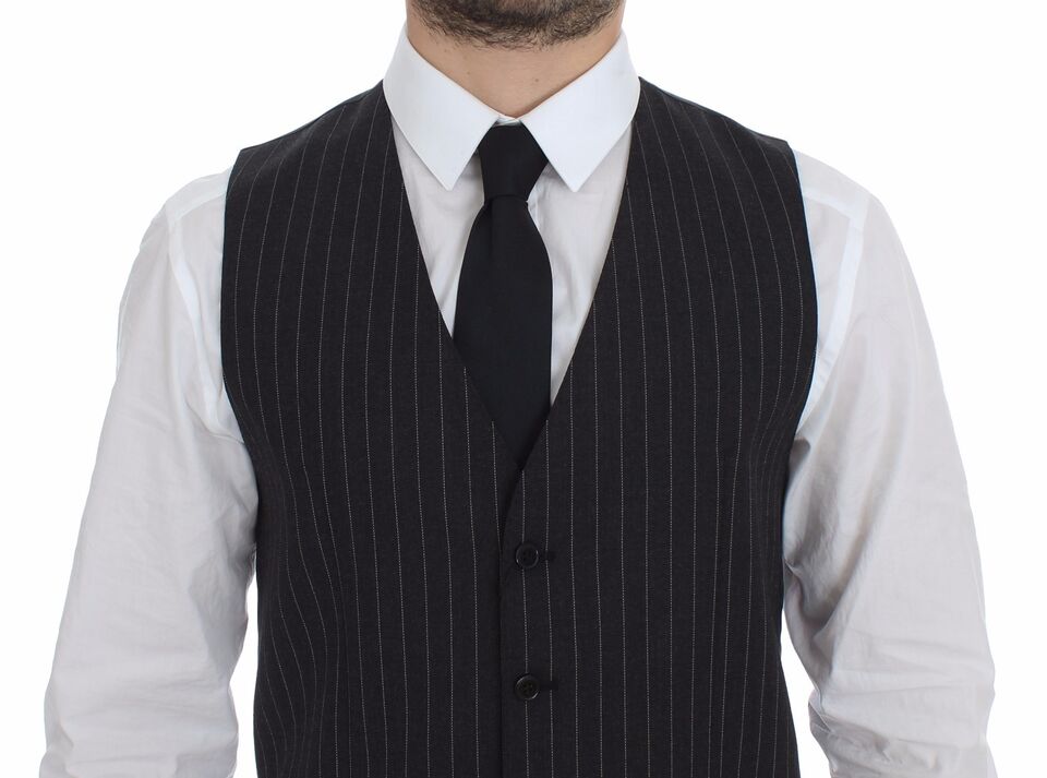 Dolce & Gabbana Gray Striped Wool Logo Vest Gilet Men's Weste