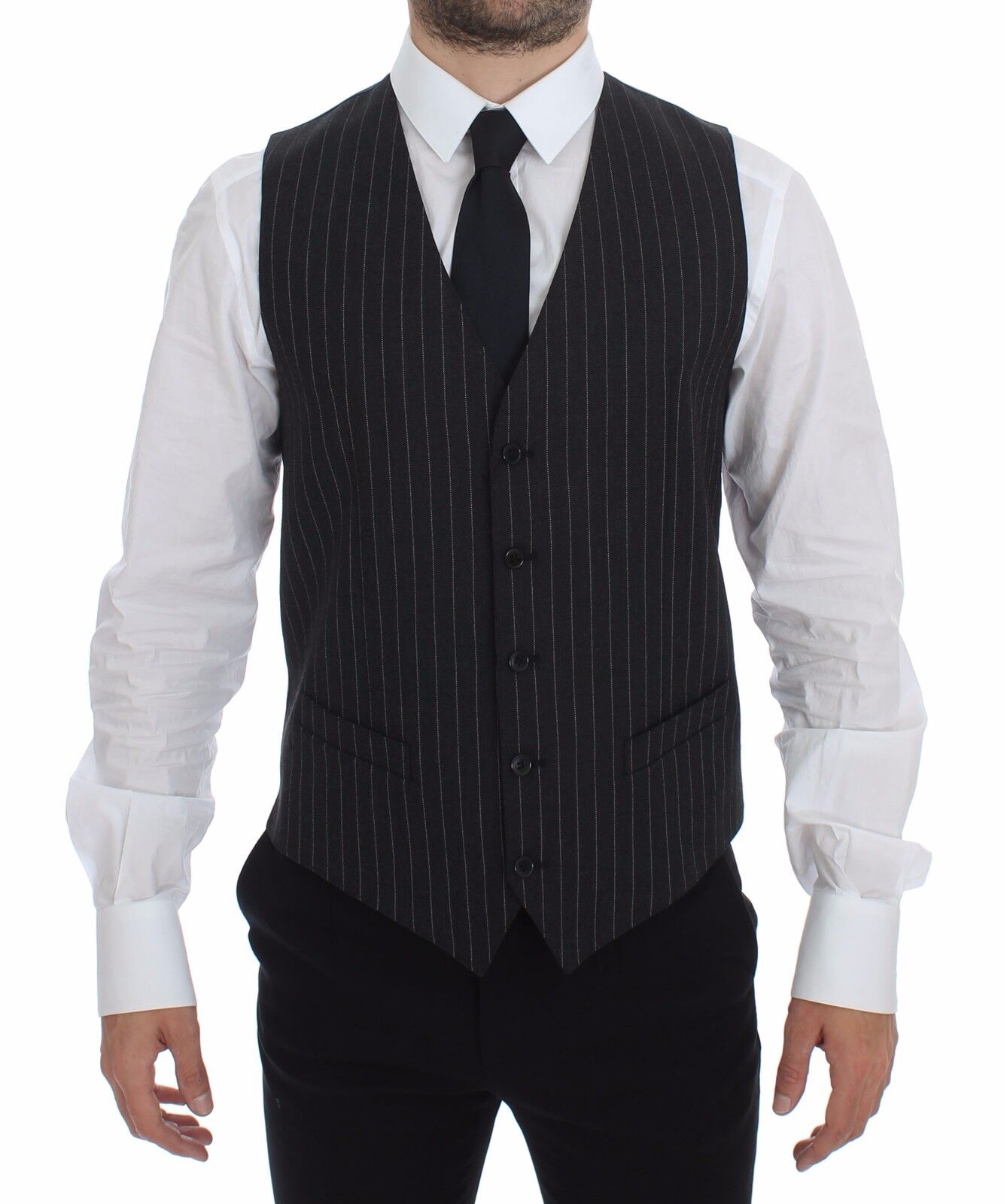 Dolce & Gabbana Gray Striped Wool Logo Vest Gilet Men's Weste