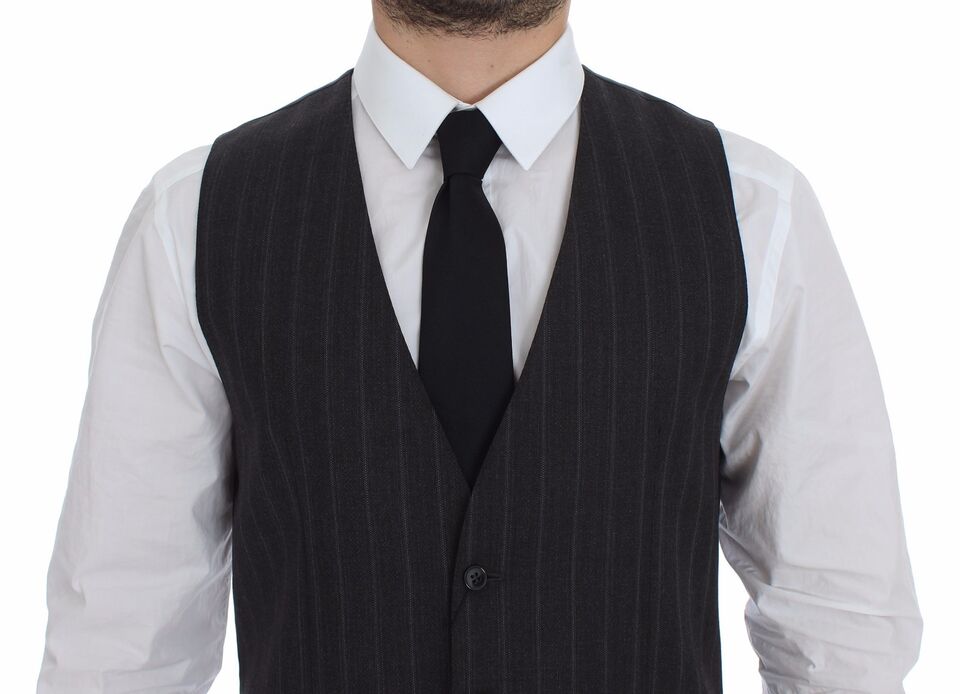 Dolce & Gabbana Gray Striped Wool Logo Vest Gilet Men's Weste