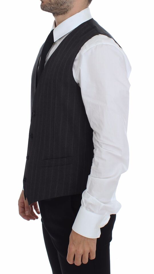 Dolce & Gabbana Gray Striped Wool Logo Vest Gilet Men's Weste