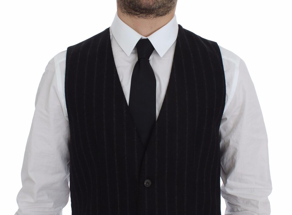 Dolce & Gabbana Black Striped Wool Logo Vest Gilet Men's Weste