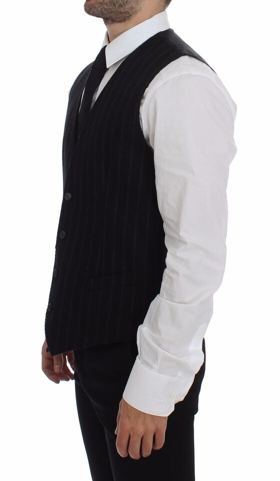 Dolce & Gabbana Black Striped Wool Logo Vest Gilet Men's Weste
