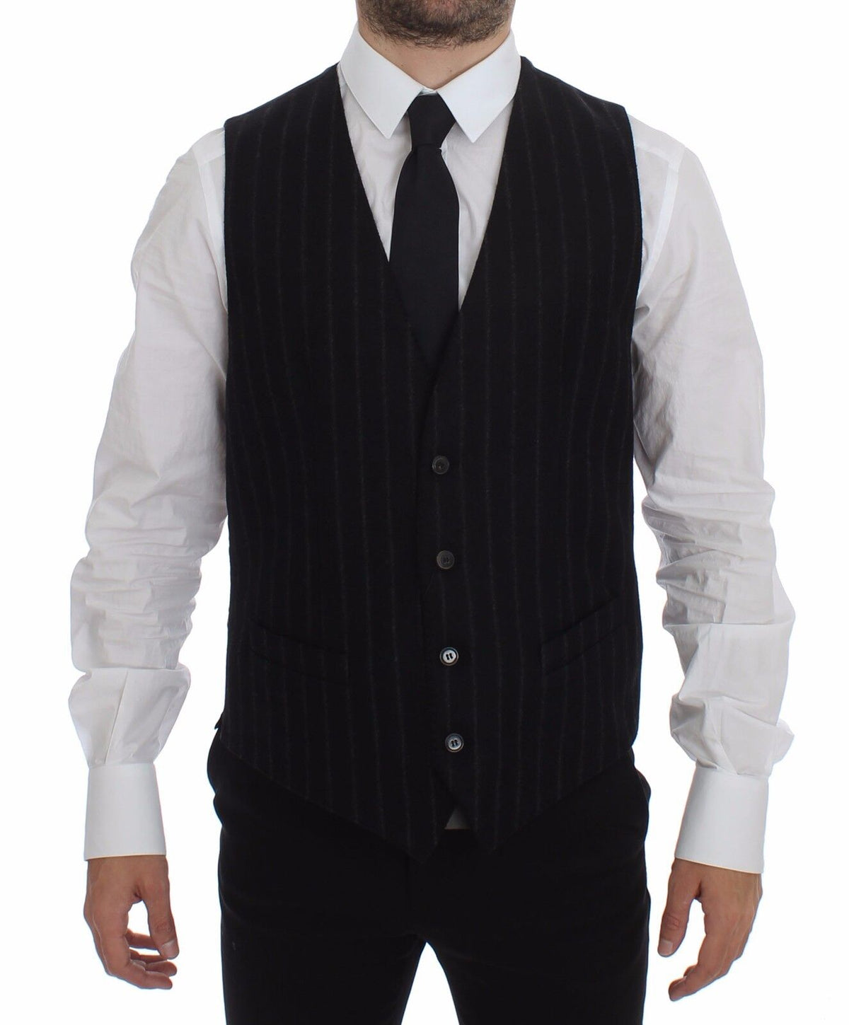 Dolce & Gabbana Black Striped Wool Logo Vest Gilet Men's Weste