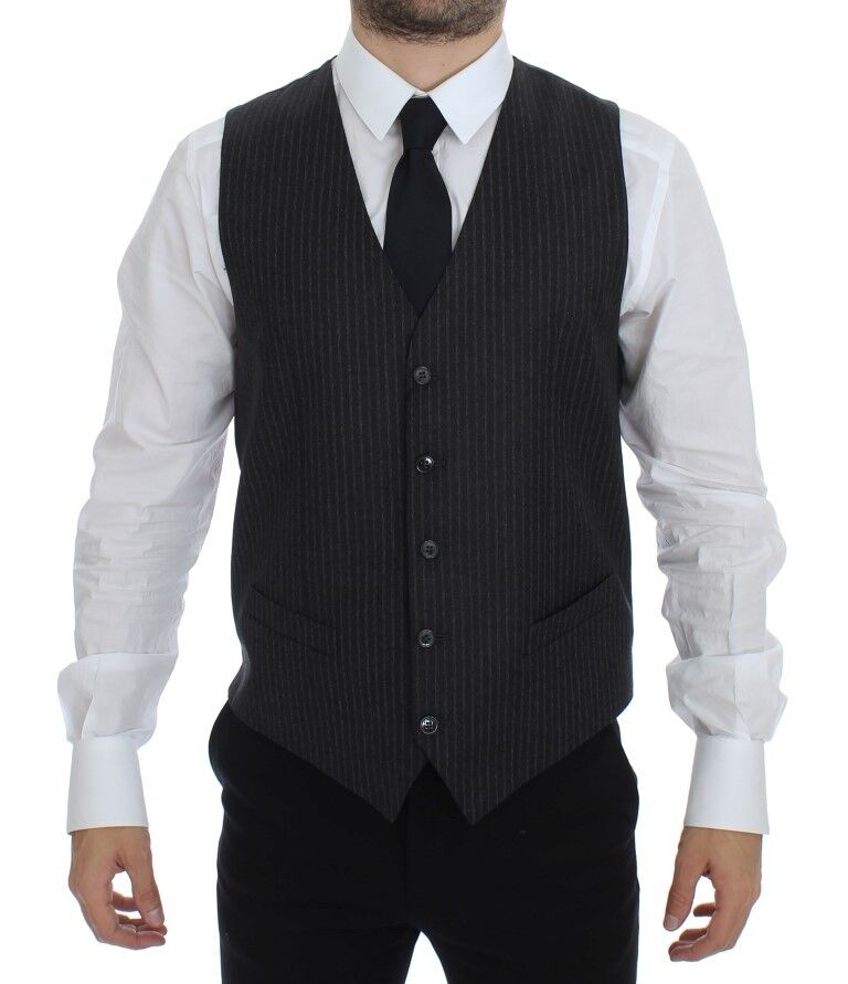 Dolce & Gabbana Gray Striped Wool Single Breasted Men's Vest