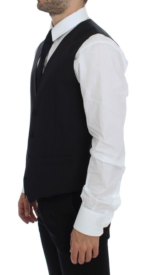 Dolce & Gabbana Black Striped Wool Single Breasted Men's Vest