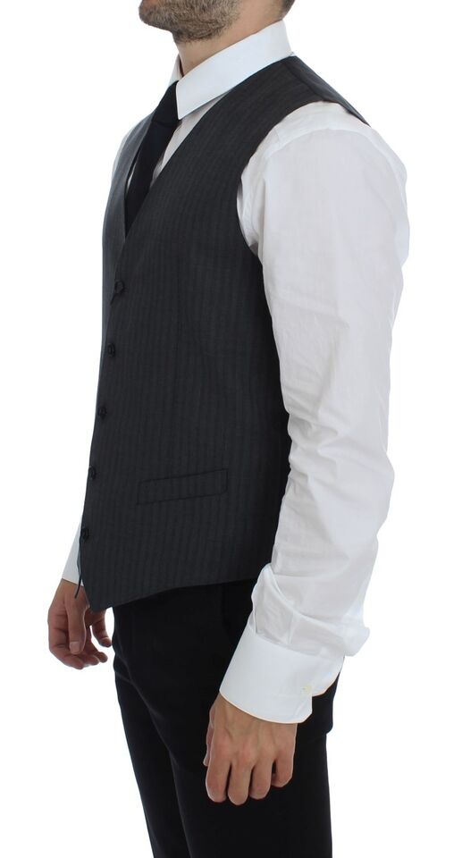 Dolce & Gabbana Gray Striped Wool Single Breasted Men's Vest
