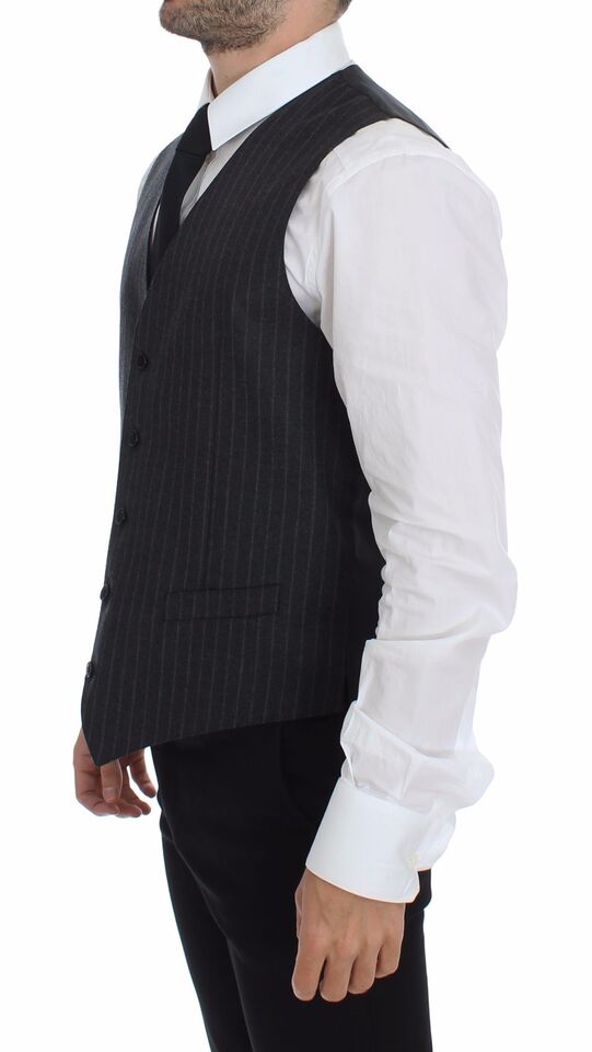 Dolce & Gabbana Gray Striped Wool Logo Vest Gilet Men's Weste