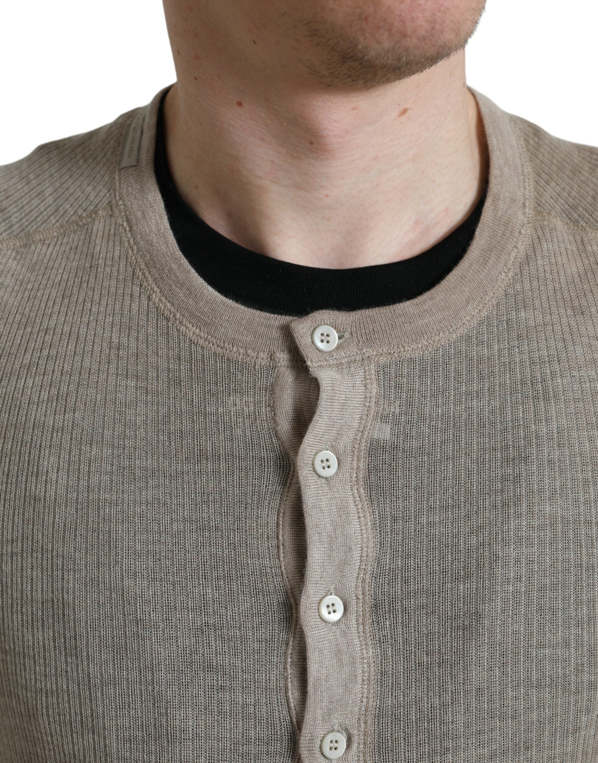 Dolce & Gabbana Henley Pullover Beige Cashmere Men's Sweater