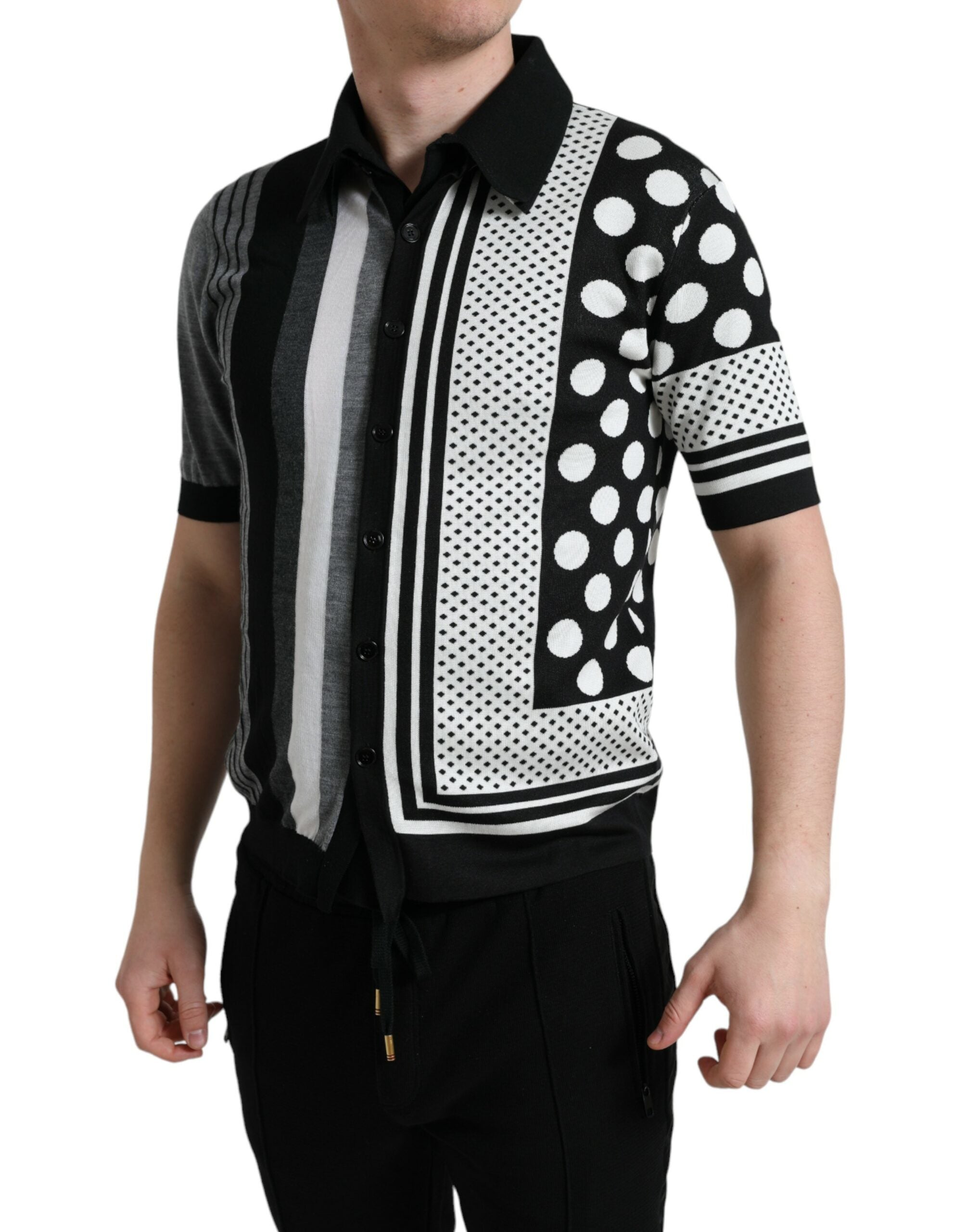 Dolce & Gabbana Black White Jumper Cardigan Polo Men's Sweater