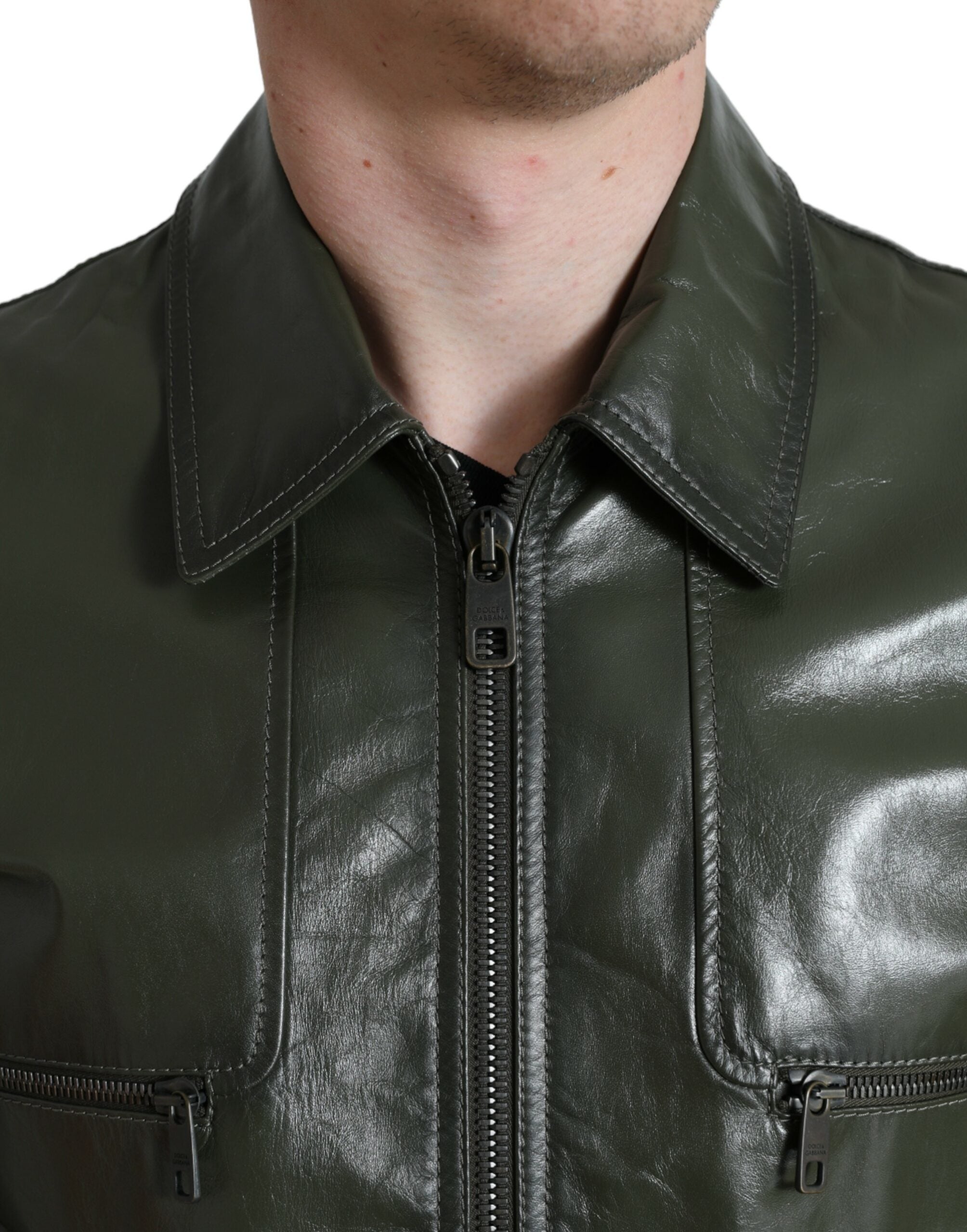 Dolce & Gabbana Emerald Elegance Leather Biker Men's Jacket