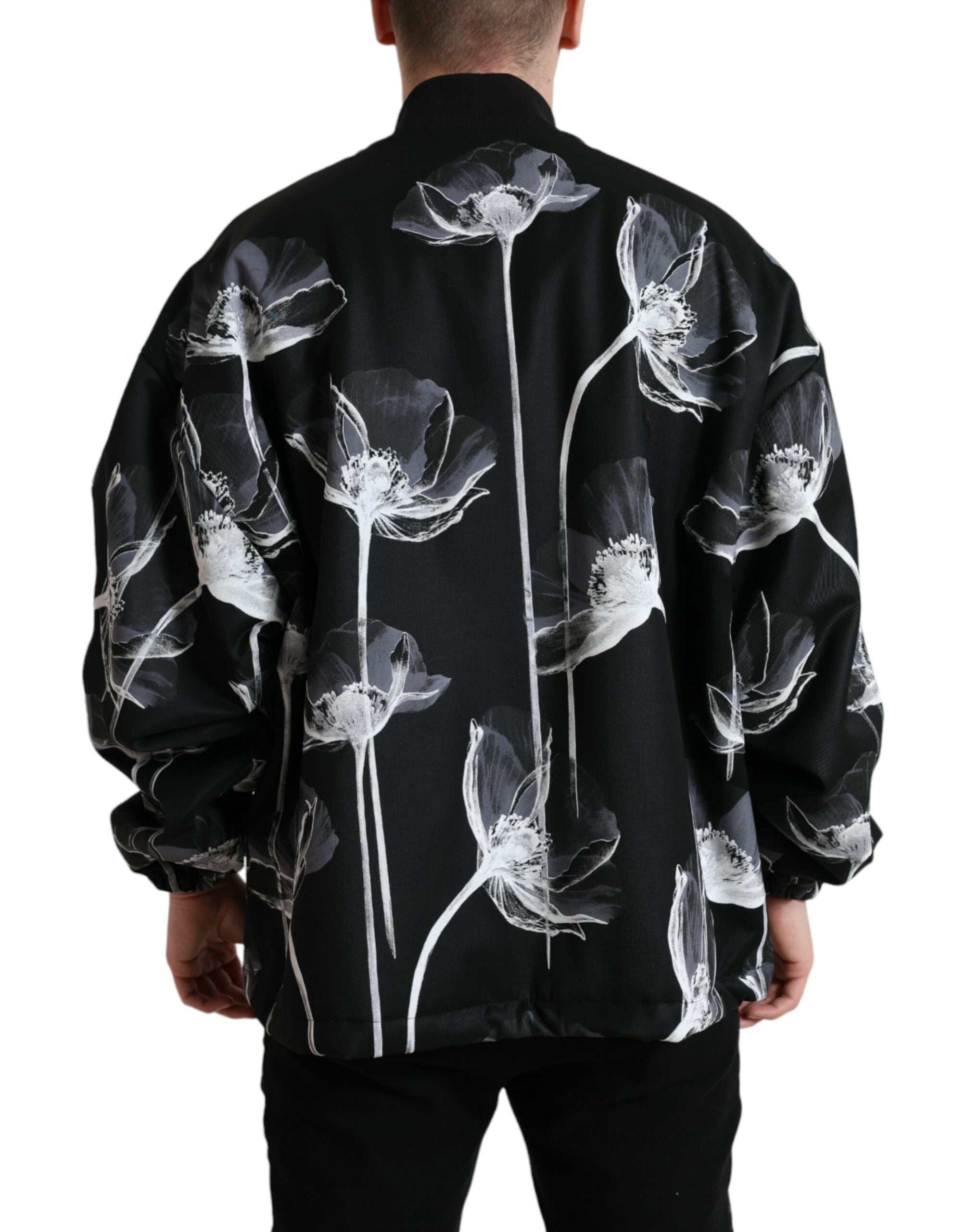 Dolce & Gabbana Black Floral Print Wool Button Down Bomber Men's Jacket