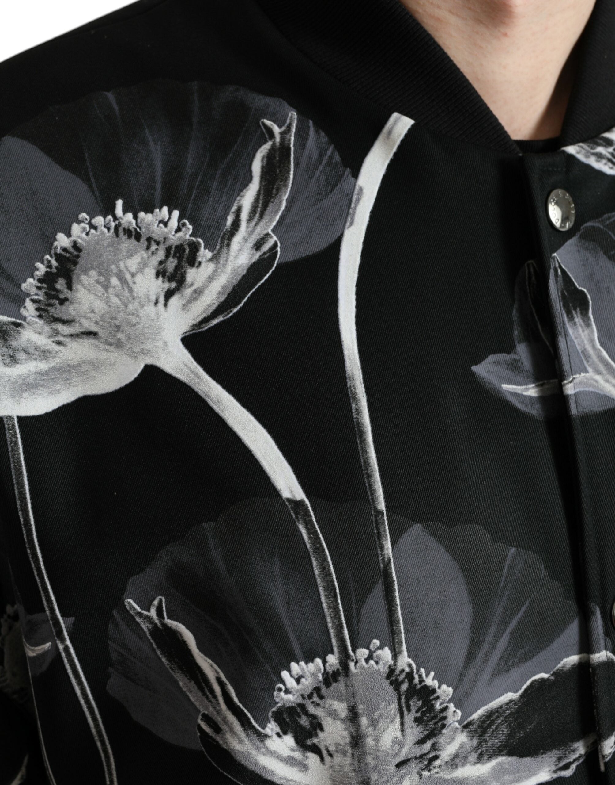 Dolce & Gabbana Black Floral Print Wool Button Down Bomber Men's Jacket