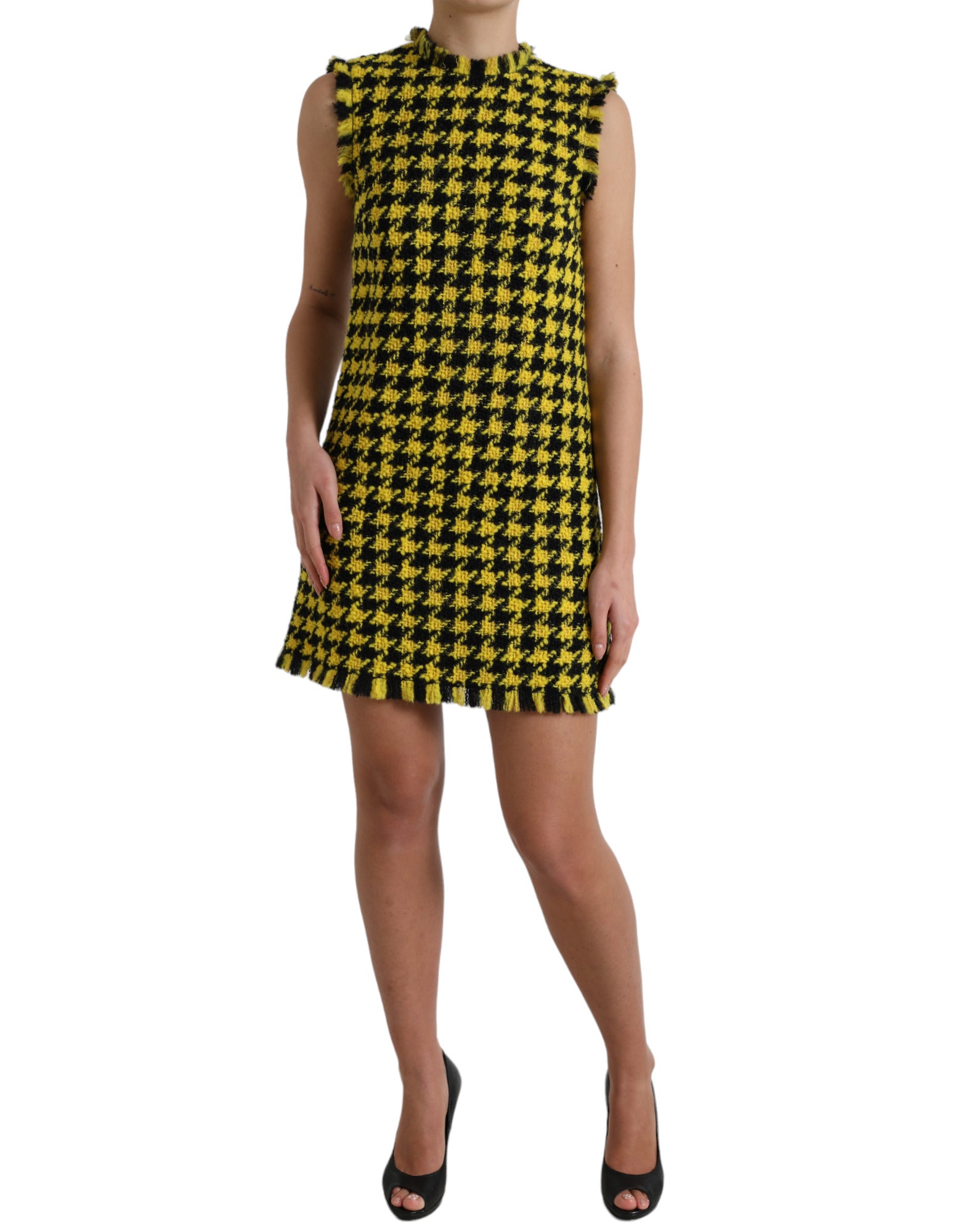 Dolce & Gabbana Yellow Houndstooth Sleeveless Aline Mini Women's Dress