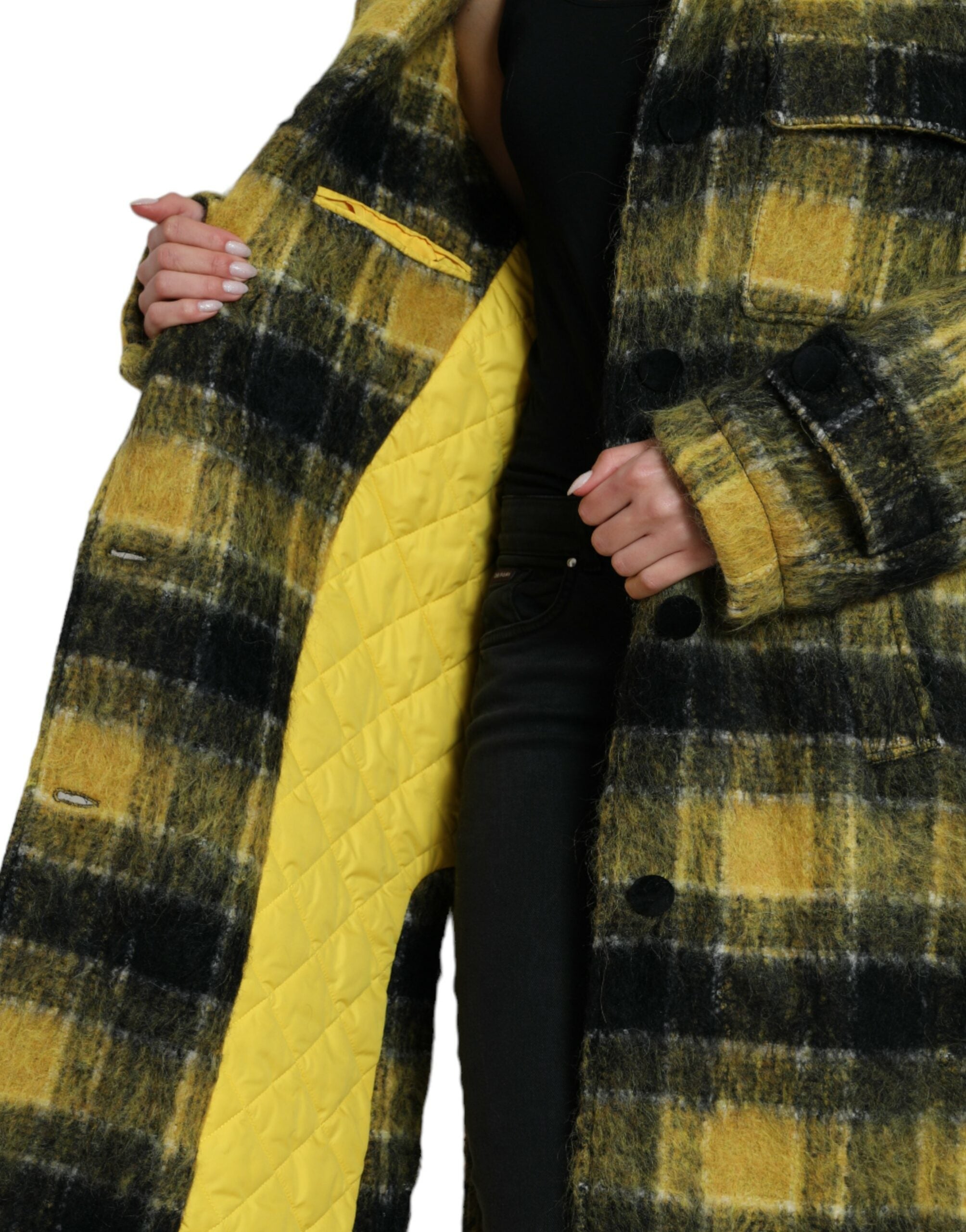 Dolce & Gabbana Yellow Plaid Long Sleeve Casual Coat Women's Jacket