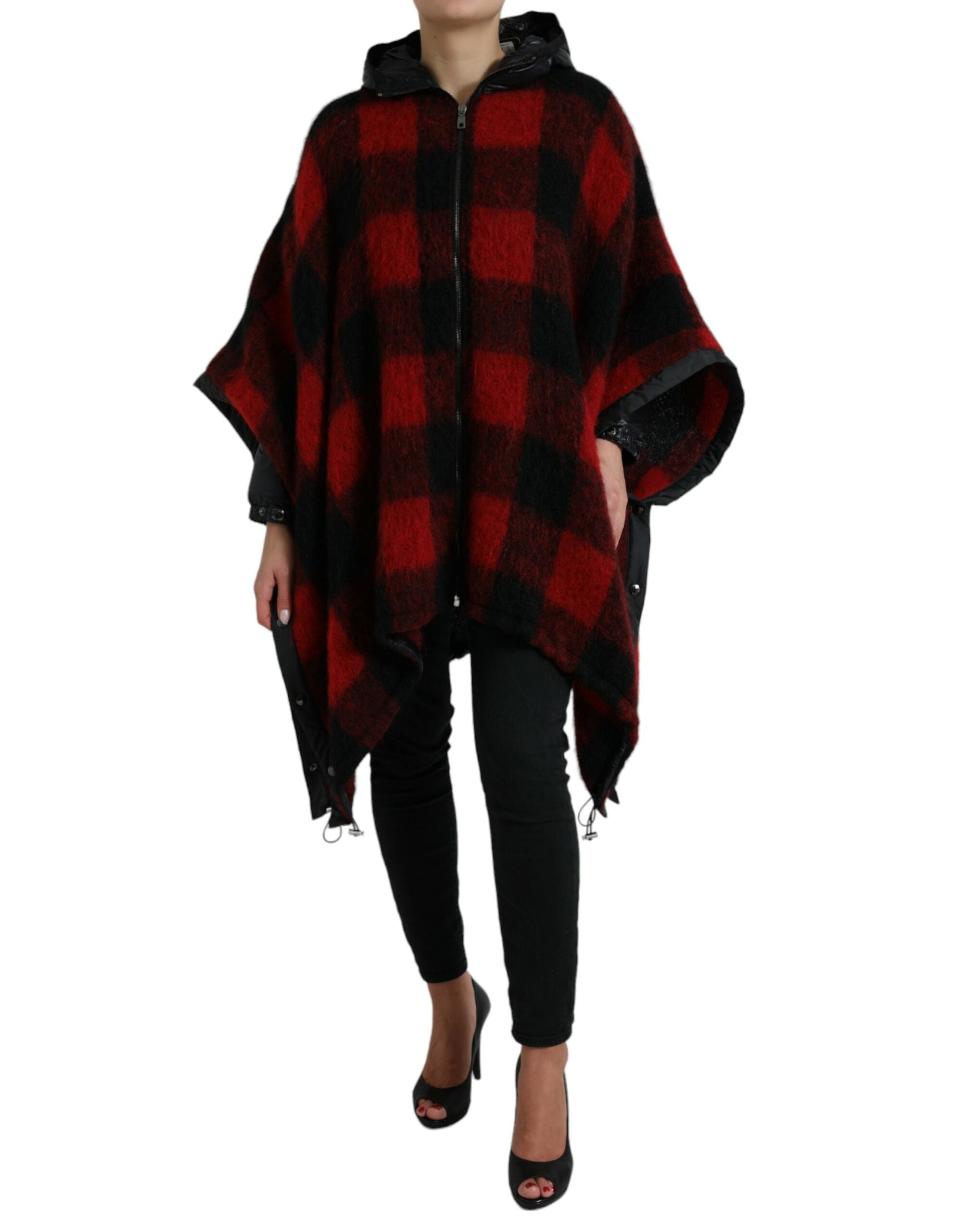 Dolce & Gabbana Black Red Buffalo Check Hooded Poncho Women's Jacket