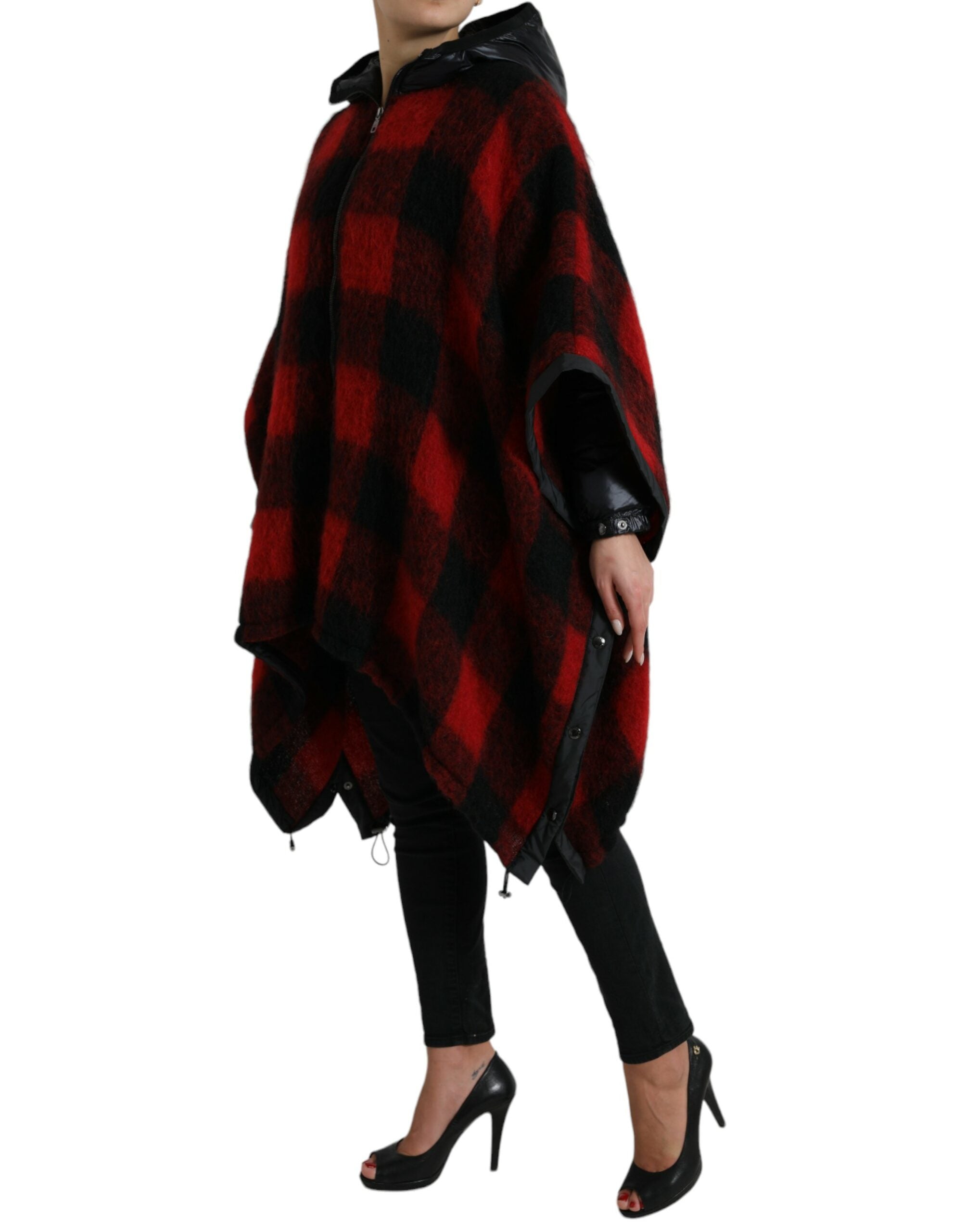 Dolce & Gabbana Black Red Buffalo Check Hooded Poncho Women's Jacket