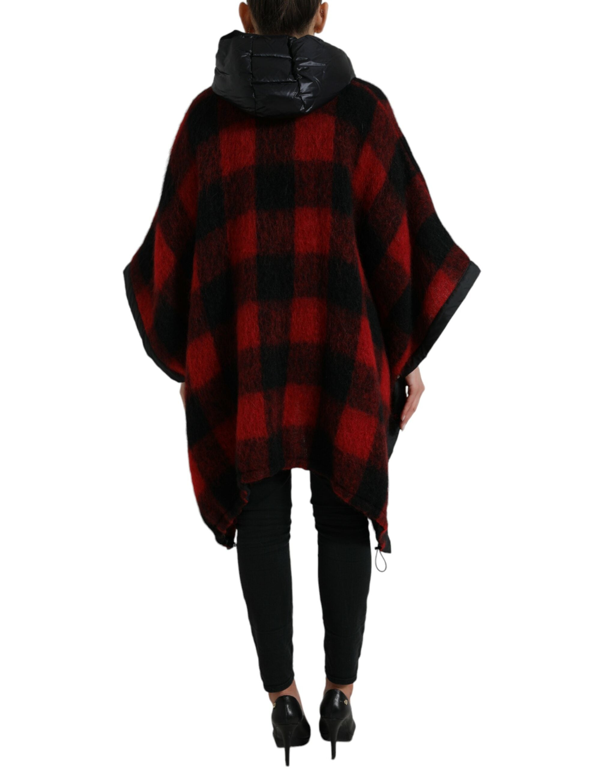 Dolce & Gabbana Black Red Buffalo Check Hooded Poncho Women's Jacket