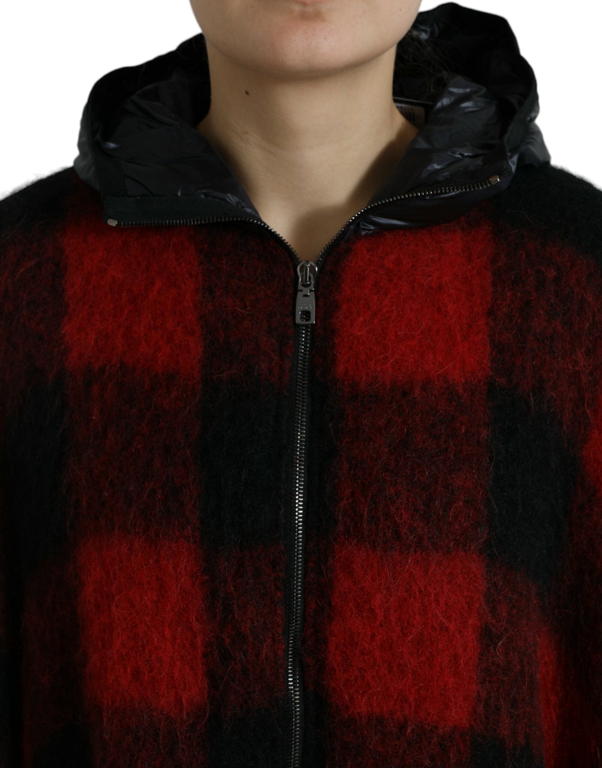 Dolce & Gabbana Black Red Buffalo Check Hooded Poncho Women's Jacket