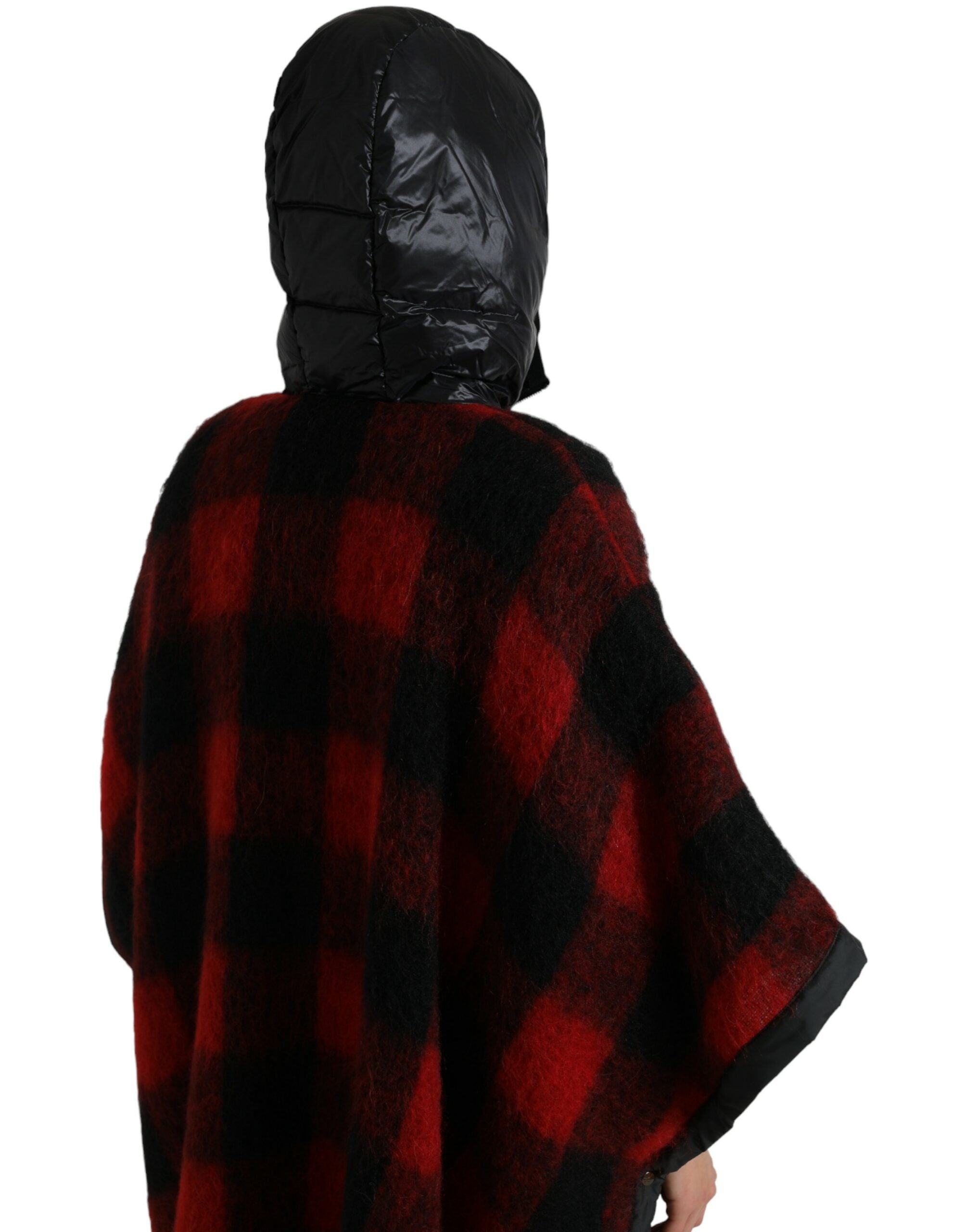 Dolce & Gabbana Black Red Buffalo Check Hooded Poncho Women's Jacket