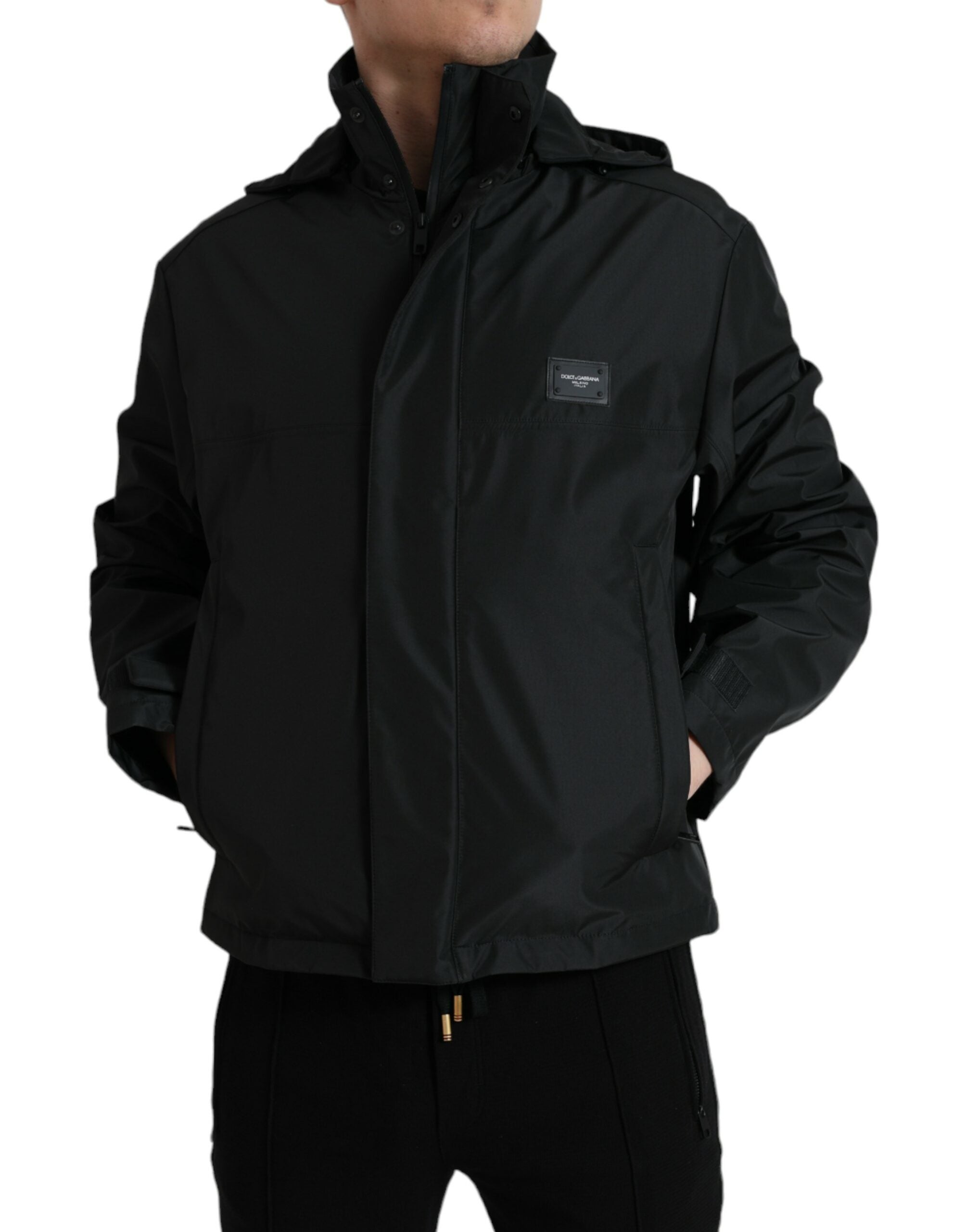 Dolce & Gabbana Black Polyester Logo Plaque Hooded Men's Jacket