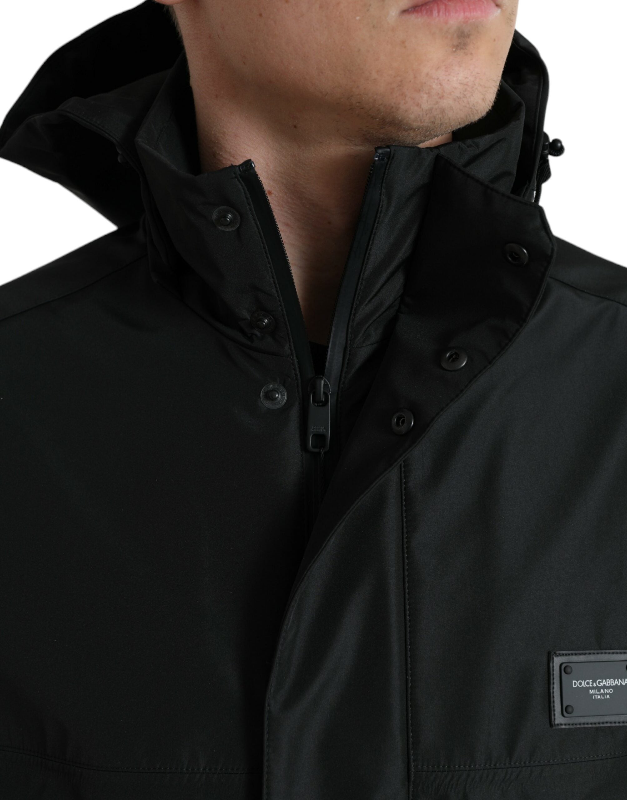 Dolce & Gabbana Black Polyester Logo Plaque Hooded Men's Jacket