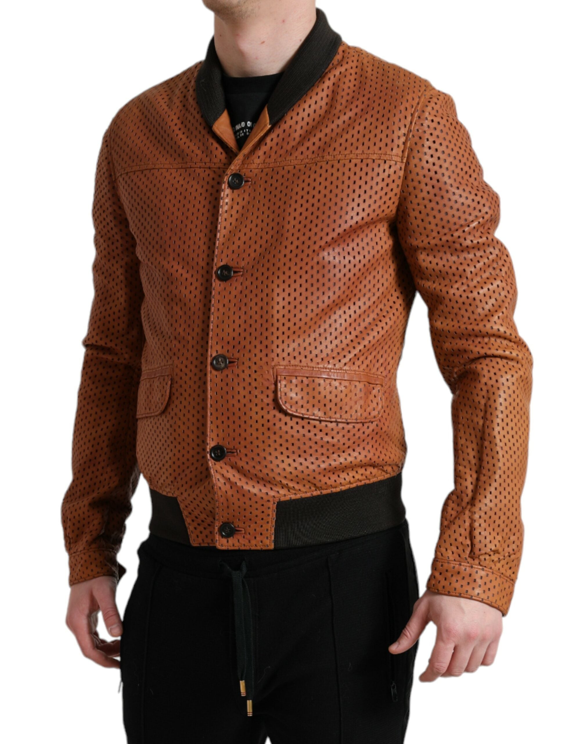 Dolce & Gabbana Brown Lambskin Leather Perforated Men's Jacket