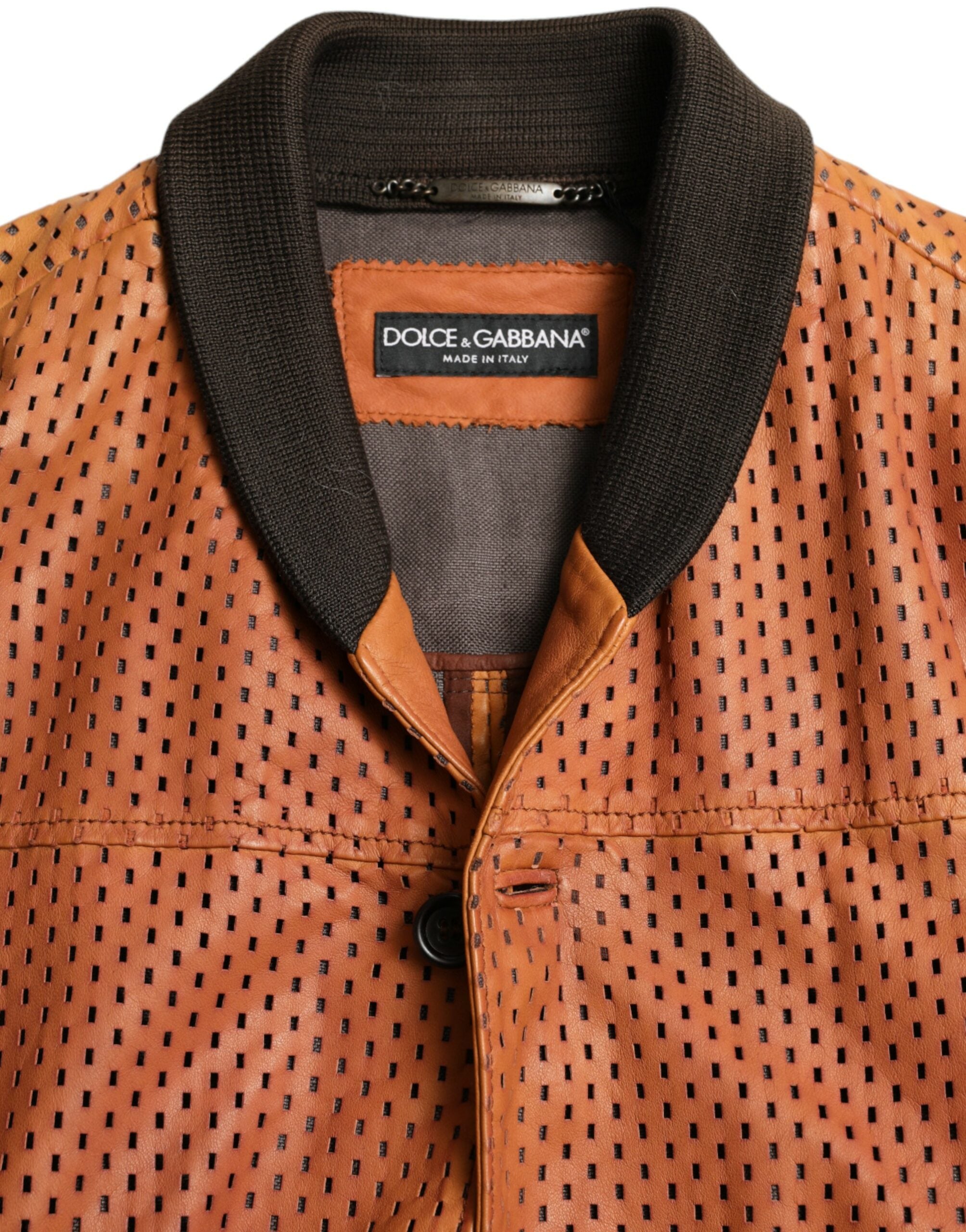 Dolce & Gabbana Brown Lambskin Leather Perforated Men's Jacket