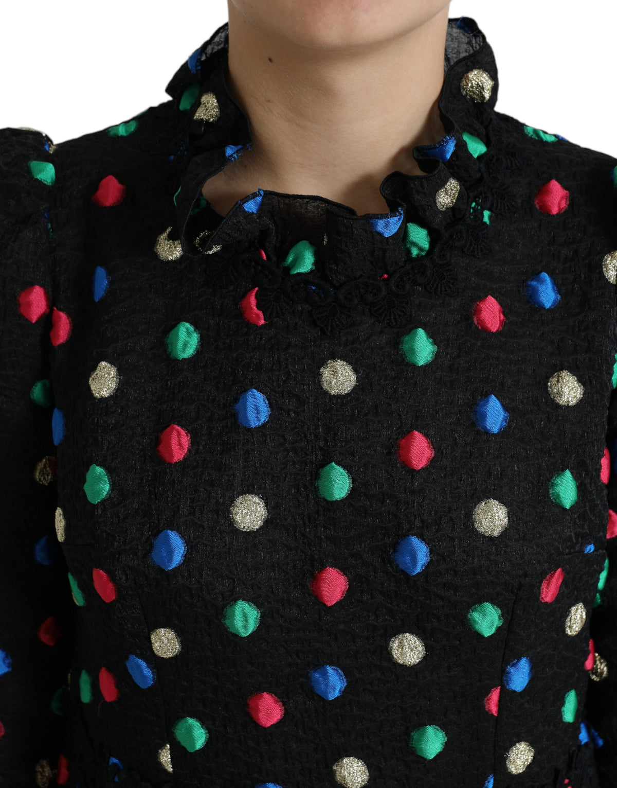 Dolce & Gabbana Black Polka Dot Ruffle Cotton Midi Women's Dress