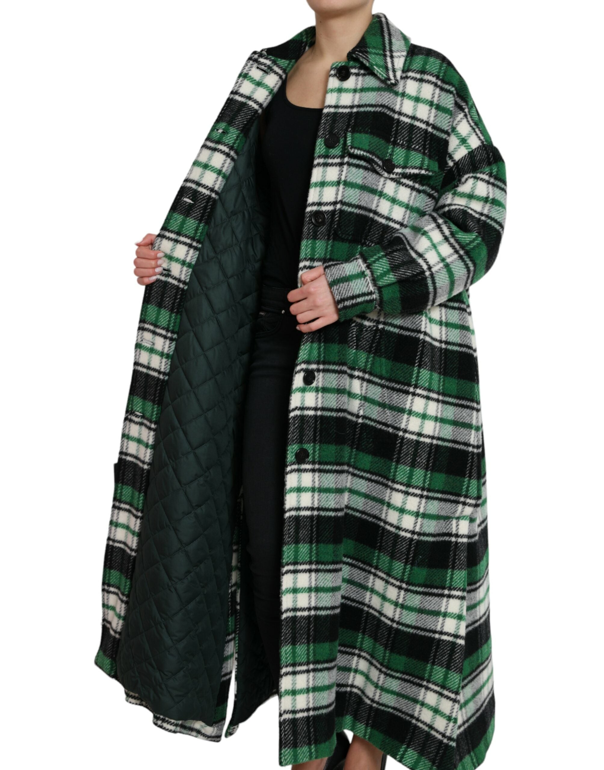 Dolce & Gabbana Green Plaid Long Sleeve Casual Coat Women's Jacket