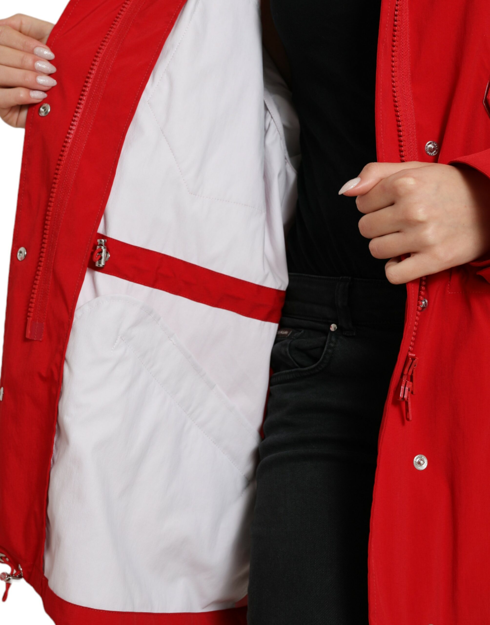 Dolce & Gabbana Red Polyester Hooded Button Rain Coat Women's Jacket