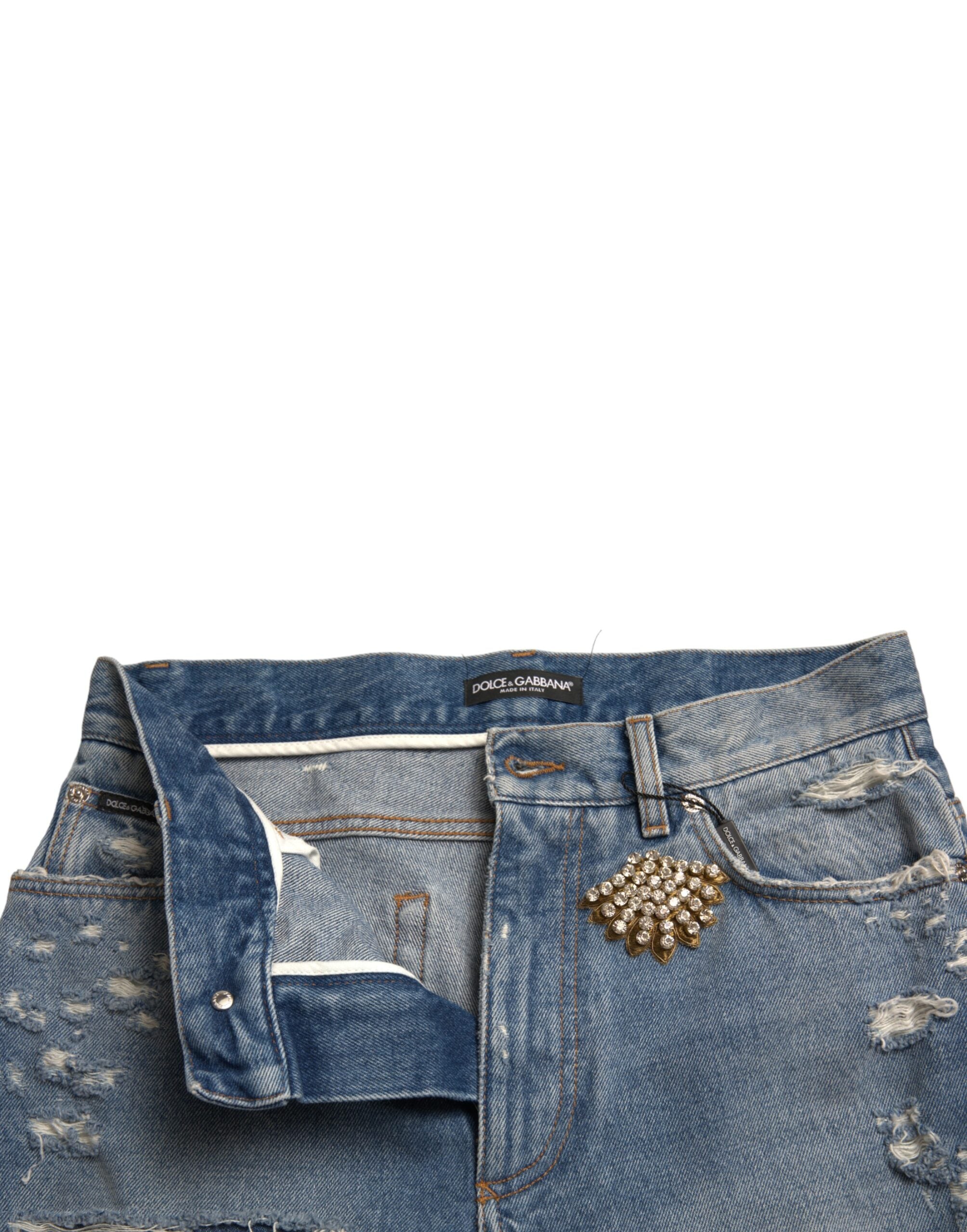 Dolce & Gabbana Blue Tattered Embellished Bermuda Women's Shorts